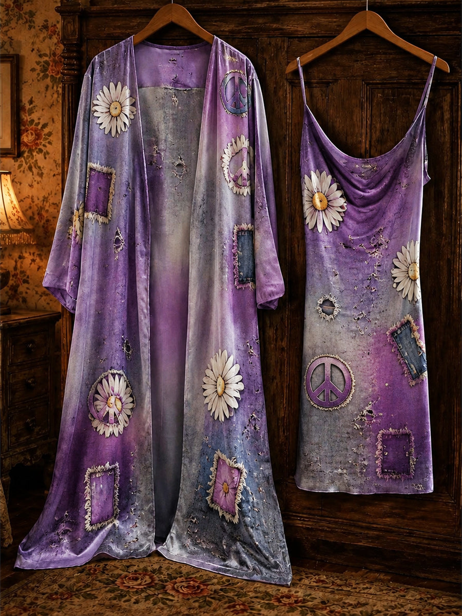 Retro Style Art Printed Vintage Camisole Dress Long Sleeve Two-Piece Midi Dress